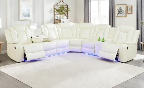 Nervlox Leather Power Recliner Sofa, Power Sectional Sofa Couch Set for Living Room, Reclining Corner Sectional Sofa Set with LED, Read Lights, USB, Cup Holders, Storage for Home/Office,Vanilla White