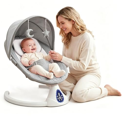 Elektrische Babywippe Schaukeln für Neugeborene, Baby Bouncer Newborn 0-6 Monate mit Weichem Stoff | Klappbarer Baby Rocker mit 5 Gängen, 3 Timer, Weichem Sitz, Bluetooth (Grau)