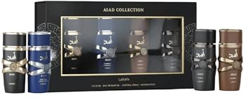 Lattafa Asad Collection Set de Regalo 4 x 25ml - Estuche de Lujo con 4 Perfumes Árabes para Hombre Eau de Parfum Asad, Zanzibar, Bourbon y Elixir, Pack de Perfumería Oriental (Asad Collection 4x25ml)