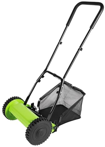 Cortacésped de Carrete de Empuje de 12 Pulgadas, cortacésped Manual de 5 Cuchillas con recogedor de césped, Altura de Corte Ajustable, cortacésped de Carrete liviano para Patio pequeño, jardín 16inch