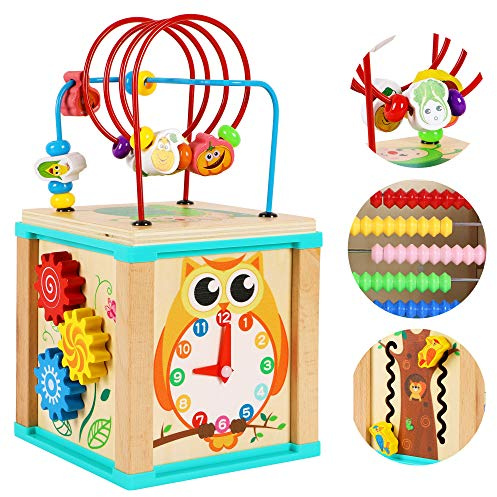 TOWO - Cubo di attività in Legno con Perline Labirinto, 5 attività, Montagne Russe, Ingranaggi, Ingranaggi, Orologio a Zig Zag, Giocattoli educativi per Bambini, Giocattoli educativi in Legno per