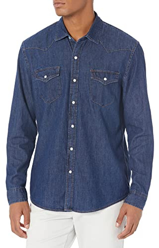 Amazon Essentials Men's Slim-Fit Long-Sleeve Denim Western Style Cotton Shirt with Snap Buttons, Lightweight, Medium Blue, X-Large