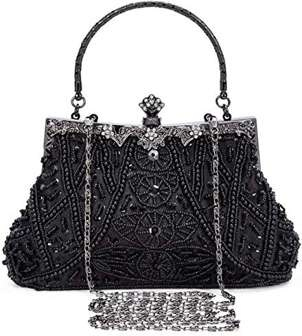 Selighting Sac de Soirée Femme Vintage Sac à Bandoulière Perle Paillettes Pochette de Mariage pour Ceremonie Mariage Parti (Noir)