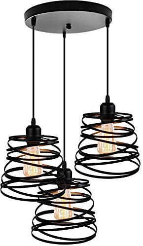 iDEGU Lampade a Sospensione a 3 Luci, 20cm lampadario di design a spirale moderno creativo, lampada da soffitto vintage in metallo E27 lampada per camera da letto soggiorno cucina, nero, 30cm Base