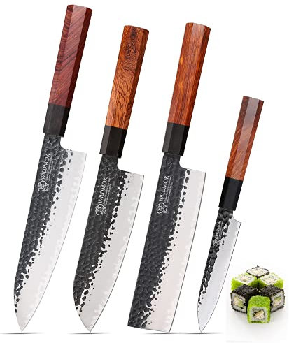 WILDMOK Set di coltelli da cucina 4 pezzi Coltello da cuoco Coltello Santoku Coltello multiuso Coltello Nakiri - Lama in acciaio legato 9CR18MOV a 3 strati con manico ottagonale