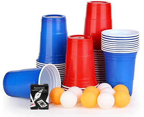 JOYZYAIYY Beer Pong Becher Set,Bierpong Becher,50 Beerpong Becher +10 Bällen,473ml Beerpongbecher mit Bällen,Partybecher 25 Rot + 25 Blau 16.6oZ Cups,mehrwegbecher Für Party Trinkspiele Game - Groß