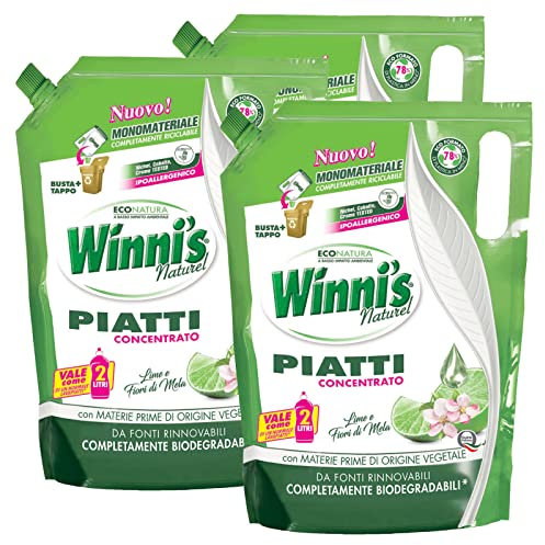 Winni's Naturel Detersivo Concentrato Lavaggio a Mano Piatti e Stoviglie Fragranza Lime Fiori di Mela Ipoallergenico Materie Prime Origine Vegetale Completamente Biodegradabili - 3 Buste da 1L