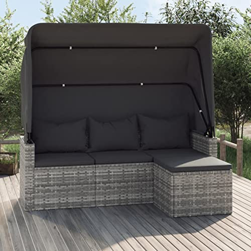 Tidyard Gartensofa mit Sonnendach, Gartensofa 3 Sitzer, Gartenbett Sonnenliege Gartenliege Fußhocker Poly Rattan Grau