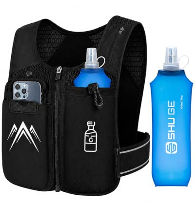 HMAKGG Chaleco Running Hombre Mujer con Soft Flask 470 ml, Chaleco Hidratación Trail Running Ultraligero 156 g, Mochila Running Transpirable Ajustable, Bolsillo Móvil, Reflectante para Correr