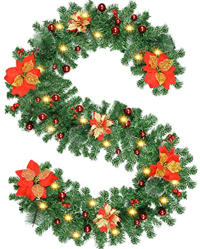 Ghirlanda Natalizia, 2.7m Decorazioni Natalizie, Ghirlande Natalizie Rattan con Fiori Artificiali e Bacche Rosse, per Porta, Scale, Camino, Esterno, Ghirlanda Natale