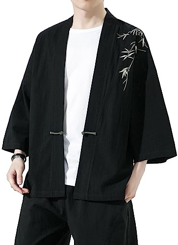 PRIJOUHE Mens Kimono Jacket Casual Lightweight Cotton Open Fromt Cardigan Coat Bathrobe for Summer Beach