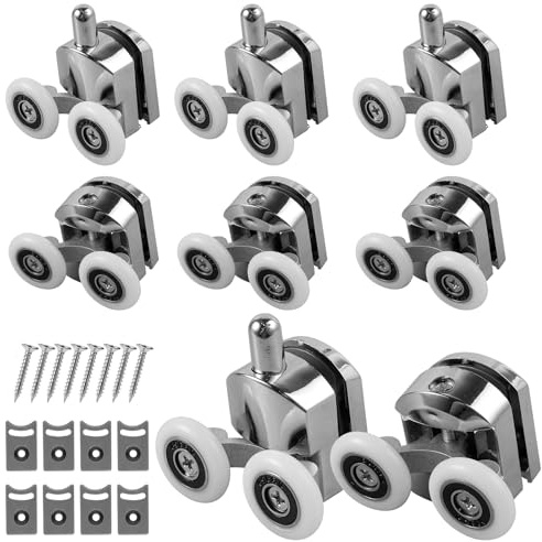 Hvxrjkn 8Pcs Curved Shower Door Rollers 23mm Aluminum Alloy Top and Bottom Shower Glass Door Wheel Quiet Shower Door Pulley Replacement with Anti-Collision Pad and Screws for 4-6mm Glass Door
