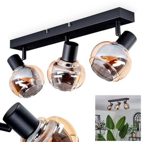 Deckenleuchte Cevio, moderne Deckenlampe aus Metall/Glas in Schwarz/Rauchfarben/Bernsteinfarben, verstellbare Leuchte im Retro/Vintage-Design mit Schirmen aus Rauchglas, 2 x E14, ohne Leuchtmittel