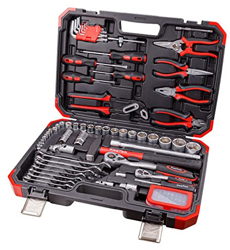 Kestek 96-teilig Universal Werkzeugkoffer, Chrom-Vanadium & Chrom-Molybdän-Stahl, inklusive Schraubendreher, Zangen, Bit-Set, Steckschlüsseleinsätze, ergonomischer Koffer
