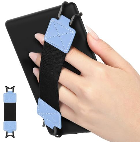 MoKo Handschlaufe für 6-8 Kindle eReaders Fire Tablet - Kindle/Kobo/Voyaga/Sony E-Book Tablet, Elastisches Halteband Leicht und Tragbar Tablet Fingerhalterung Griff Halter, Schwarz Gurt, Hellblau