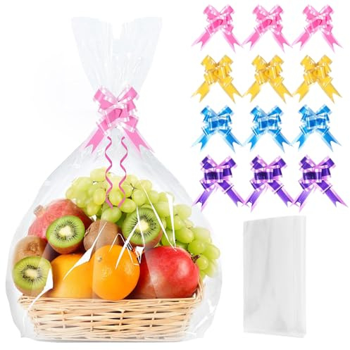 Large Cellophane Bags for Hampers with Pull Bows, 12Pcs (70CMx52CM/27.6 x 20.5 inches) Clear Cellophane Wrap Bags for Gift Baskets Hamper Making Easter Valentine's Day Gift Presents Packaging