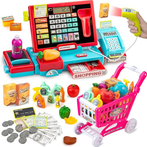 Calculatrice Enregistreuse Éducative pour Enfants 3-8 Ans - Jeu de Supermarché avec Musique, Nourriture & Chariot | Jouet d'apprentissage pour Filles et Garçons (Rouge-Bleu)