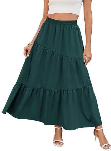 Timuspo kjol dam lång med fickor maxi kjol hög elastisk midja sommar A-linje enfärgad flytande sommarkjol ledig elegant blommor veckad kjol strandkjol veckad kjol