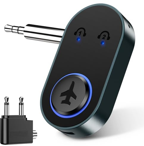 OQIMAX Adaptateur Bluetooth 5.3 pour Avion, Émetteur Bluetooth Jack 3,5, AUX Transmetteur Audio pour 2 Écouteurs, Avion/TV/PC vers Écouteurs/Haut-parleurs sans Fil, 16H de Travail
