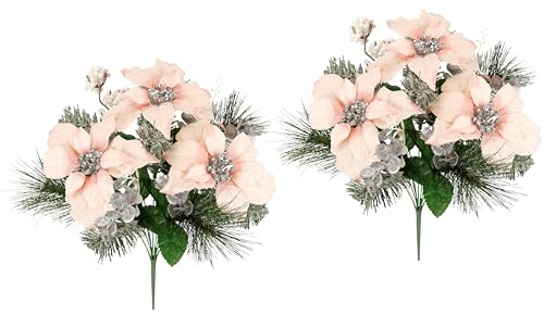 Konstgjorda blommor, bukett, julstjärna, eukalyptus, bär, grangrenar, set om 2, 45 cm, Poinsettia, adventsstjärna, konstgjord julbukett, X'Mas juldekoration blommor, blomdekoration, dekorativ blomma
