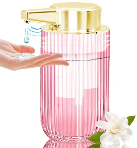 300ml Automatic Touchless Glass Soap Dispenser, Rechargeable Hands Free Ribbed Liquid Soap Dispenser with Electric Sensor Pump, Refillable Soap Bottle for Bathroom Kitchen Dish Countertop (Pink)