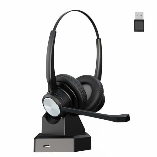 Mairdi Auriculares Bluetooth con micrófono para PC, auriculares inalámbricos con cancelación de ruido con dongle USB y estación de carga para oficina/ordenador/equipos/zoom/Skype/portátil