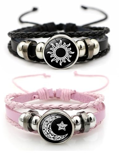 MENGYUEXUAN Luminous Sun and Moon Couple Bracelet - Glow in the Dark Matching Braided Leather Jewelry for Couples, Adjustable Long Distance Love Gift for Him & Her (black,pink)