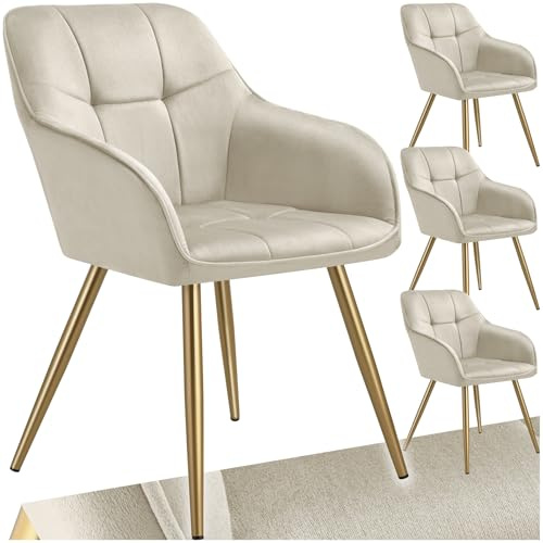 tectake® Set med 4 karmstolar med quiltat sammetslook, elegant stol med bekvämt ryggstöd och armstöd, stabila stålben med halkfria plastkåpor och tidlös design, passar perfekt i matsal - Creme/Guld