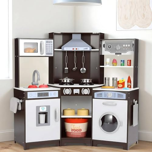 Arlopu Corner Kids Play Kitchen, Wooden Toddlers Pretend Kitchen Playset Includes Toy Accessories, Range Hood w/Light & Sound, Realistic Washer, Interactive Kitchenette for Boys Girls (Brown)