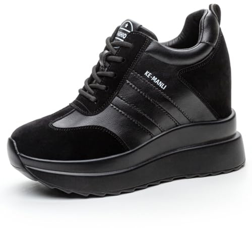 MIEHUIAI Kilklackade sneakers dam plattform sportskor mode läder casual sneakers snörning inomhus hög klack 10 cm, Svart 572, 40 EU Étroit
