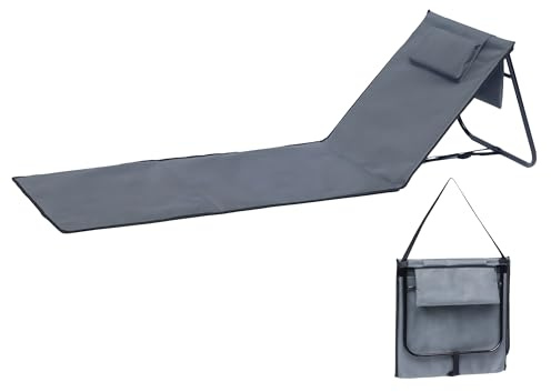 Colchoneta plegable con respaldo ajustable sin niveles, color antracita, 152 x 51 cm, plegable con correa de transporte, tumbona de jardín, camping, picnic, viajes, vacaciones, con compartimento de