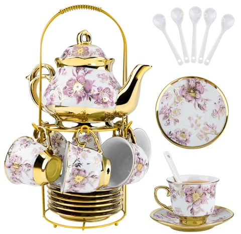 20 pièces Service à thé en porcelaine avec support métallique, service à thé pour adultes, service à thé en céramique européenne pour adultes, service à thé et soucoupe en porcelaine fleuri pour fête