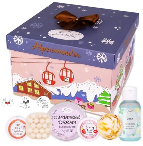 BadeFee Adventskalender Skönhet Alpina underverk 2025 med 24 utvalda kosmetikaprodukter: duschmousse, deodorantkräm, handkräm och mycket mer – Paraben- och silikonfri – handgjord i Tyskland