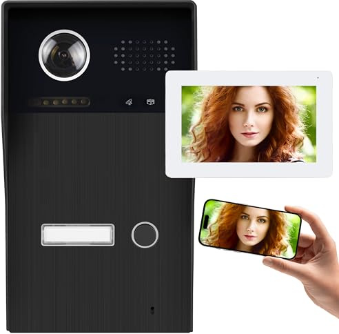2-Draht Video Türsprechanlage mit Türöffner & Klingel, Videoklingel, Full-HD Kamera 170° Weitwinkel, Nachtsicht, 7 Touchscreen Monitor & App-Steuerung, Aufputz, Mattschwarz, EDELEINLASS Modell IC1