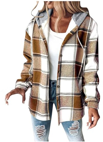 Veste de chemise pour femme avec capuche en polaire - Veste d'hiver à carreaux - Blouse chemise - Manteau chaud doublé - Veste en laine à carreaux - Veste à capuche ample - Veste tendance - Manches