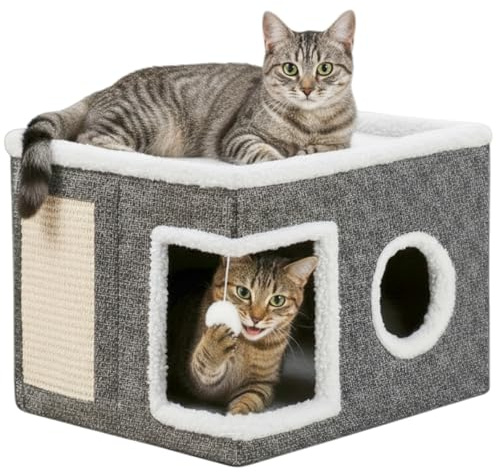 Nesrefyn Cat Beds for Indoor Cats - Foldable Cat Cave House with Scratch Pad and Fluffy Ball, Kitten Bed and Pet Bed Furniture (Grey-B)