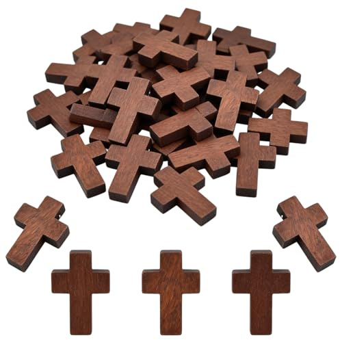 YIPFEN 50 piezas pequeñas cruces de madera con orificio, en miniatura, natural, colgantes, cordón de poliéster, accesorios para joyería, encanto de bendición para hacer collares llaveros