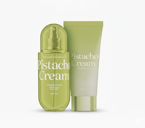 Deliplus Pistacho Cream Pack Fragrance Mist Hair & Body 250 ml + Leche Corporal Glitter 100 ml – Bruma Corporal y Capilar Hidratante con Efecto Iluminador