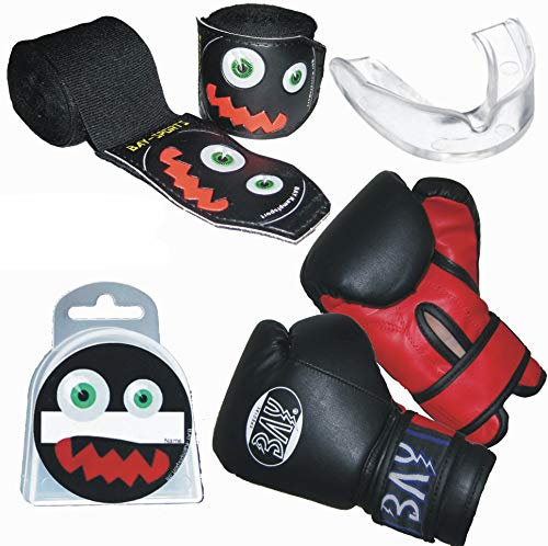 SPARSET BAY® monster face 3D - BOXHANDSCHUHE + BOXBANDAGEN + ZAHNSCHUTZ + DOSE - KIDS JUNIOR basic 2,5 SPEZIELL FÜR KINDER SCHWARZ + WICKELANLEITUNG, elastisch und etwas dünner, 2,5 Meter x 5 cm, Box-Bandagen, Paar Tapes Zahnschutz Mundschutz Zahnschützer Mundschützer mit Dose Box transparent weiß klar farblos