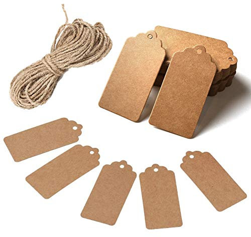 HAKACC 100 Stück Geschenkanhänger, 4x7cm Kraftpapier Etiketten mit Juteschnur, Ideal für Geschenkverpackung, Hochzeit, Halloween, Erntedankfest, Weihnachten, DIY