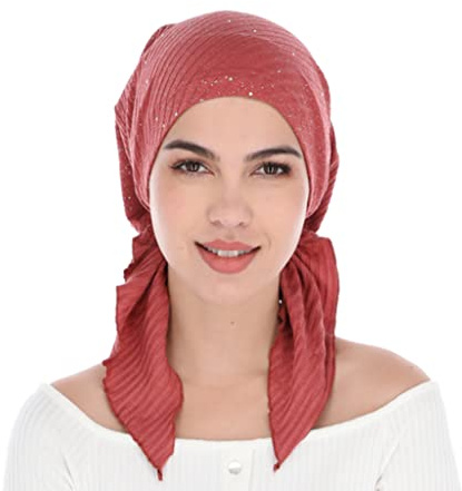Madison Headwear Pre-Tied Hair Scarves for Women Featuring A Unique Sparkly Foil Finish and Stretchy Ribbed Fabric (Dry Rose)