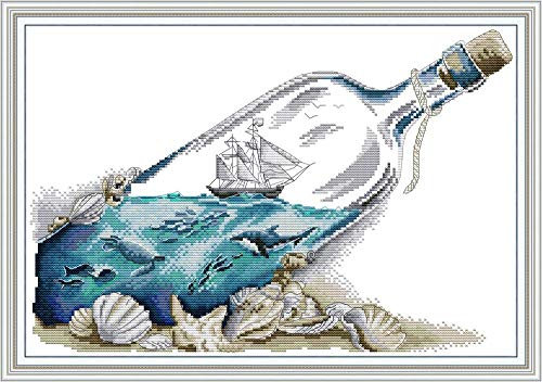 YEESAM ART KreuzstichSet für Erwachsene, Anfänger, Kinder, blaues Meer in einer Flasche, 11 Ct, 54 x 38 cm, StickereiSet mit einfachen, lustigen vorgedruckten Mustern, Nadelspitze, Weihnachten
