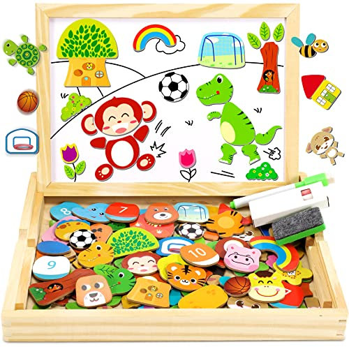 Jojoin Holzpuzzle mit Doppelplatte - 110 Stück magnetisches Holzspielzeug Tier- und Fußballmuster - Magnetplatte Magnet Kinderspielzeug magnetisches Spiel Puzzle Spielzeug Geschenk