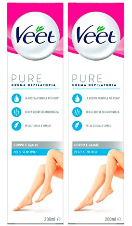 2 x Veet Silky Fresh Enthaarungscreme für empfindliche Haut, Körper und Beine, spendet Feuchtigkeit und Peeling, 2 Flaschen à 200 ml
