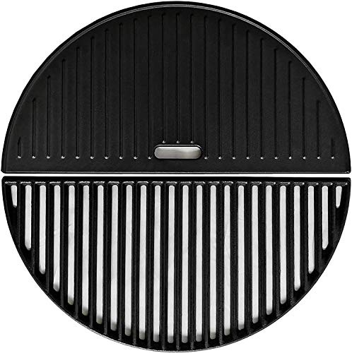 WELL GRILL 18 Half Moon Cast Iron Reversible Griddle and Cooking Grate for Kamado Joe Classic, Large Big Green Egg, Pit BossK22, Large Dome, Louisiana K22, and Other Kamado Grill (Griddle+Grate)