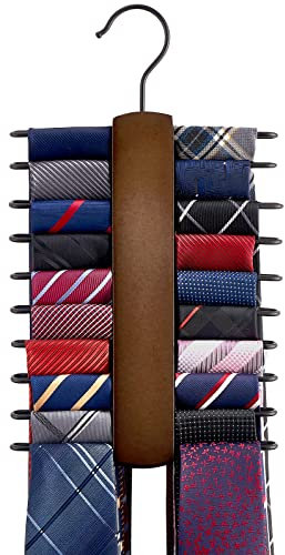 Mkono Wooden Tie Rack Retro Belt Storage Hanger Organizer for Men Closet Space Saving Rack with 20 Non-Slip Hooks for Ties Belt Scarf Organizer 360 Rotate Hanger Tie Display Holder (1, Brown)