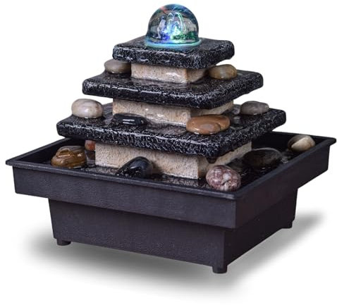 Fontaine d’Intérieur Cascade Escalier Temple Lumière Colorée, Décoration d’intérieur Zen Relaxante Salon, Chambre, Bureau, Fontaine de Table Décorative, Idée Cadeau, H 18x20x18 cm – Eka Zen’Light