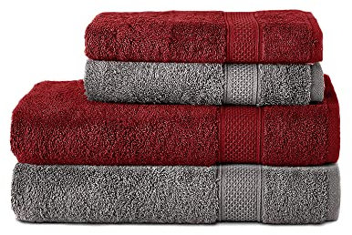 Komfortec 4er Handtuchset aus 100% Baumwolle, 2 Handtücher 50x100 cm und 2 Badetücher 70x140 cm Set, Frottee, Weich, Anthrazit/Aurorarot