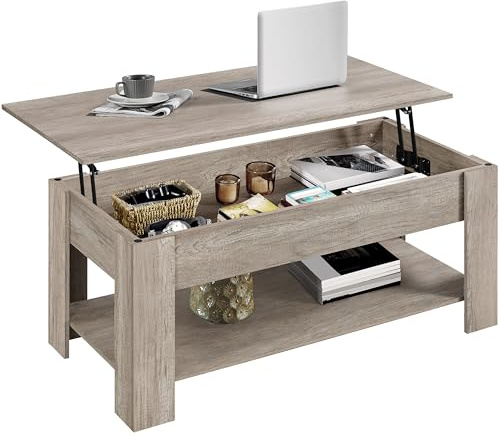 Yaheetech Mesa Centro Elevable con Estante Mesa Café con Revistero