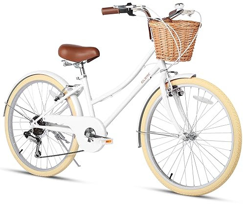 Glerc 24 Mädchen Cruiser Bike 6-Gang Cruiser Frauen Hybird Fahrrad für Alter 7 8 9 10 11 Jahre alt mit Weidenkorb. Leichter Rahmen und Gabel, Weiß